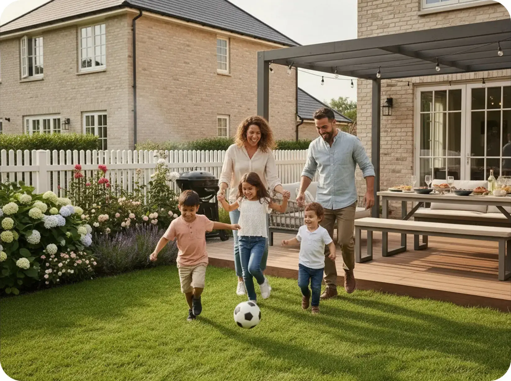 Family playing in the backyard of their home