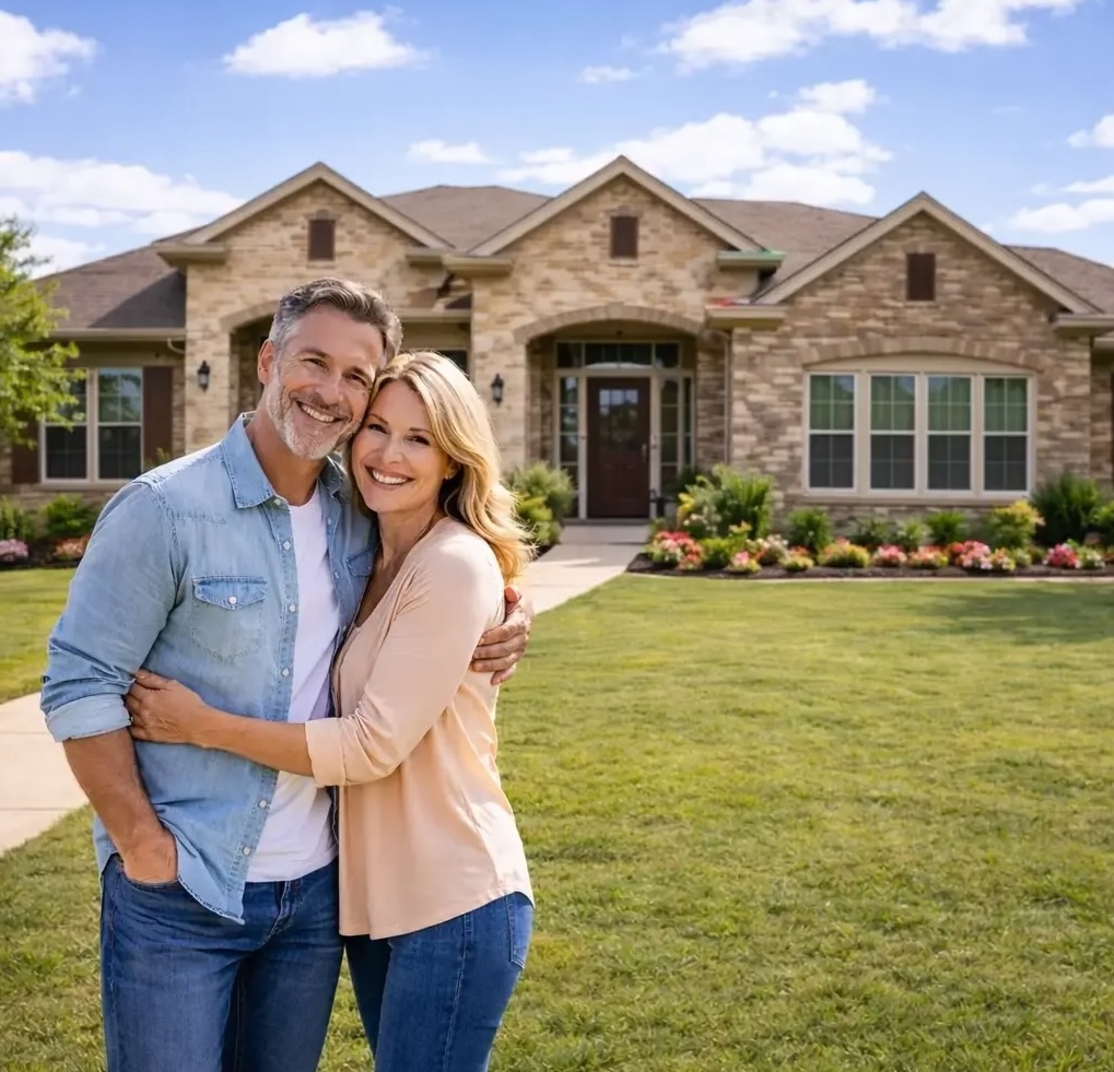 Happy homeowners in front of their home