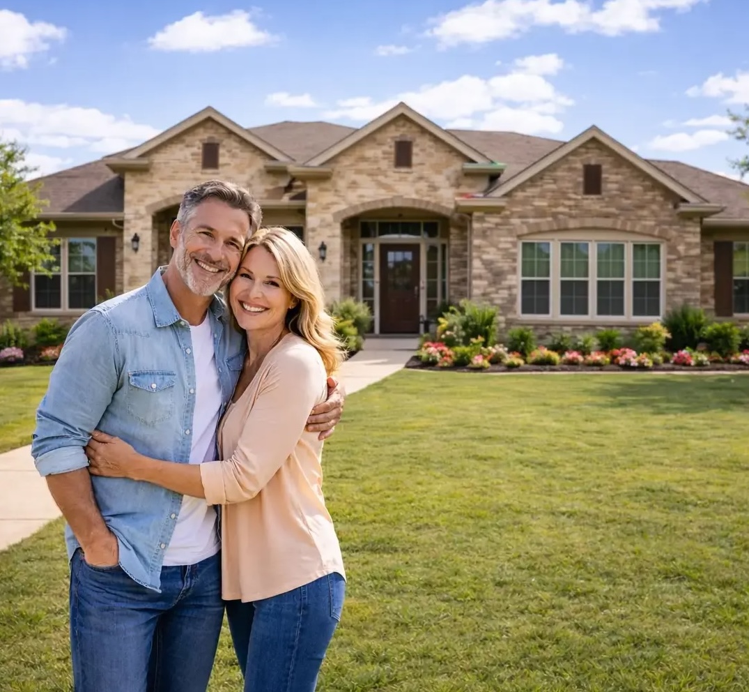 Happy homeowners in front of their home
